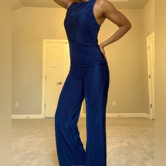 Navy Blue Velvet Jumpsuit - Picture 7 of 17